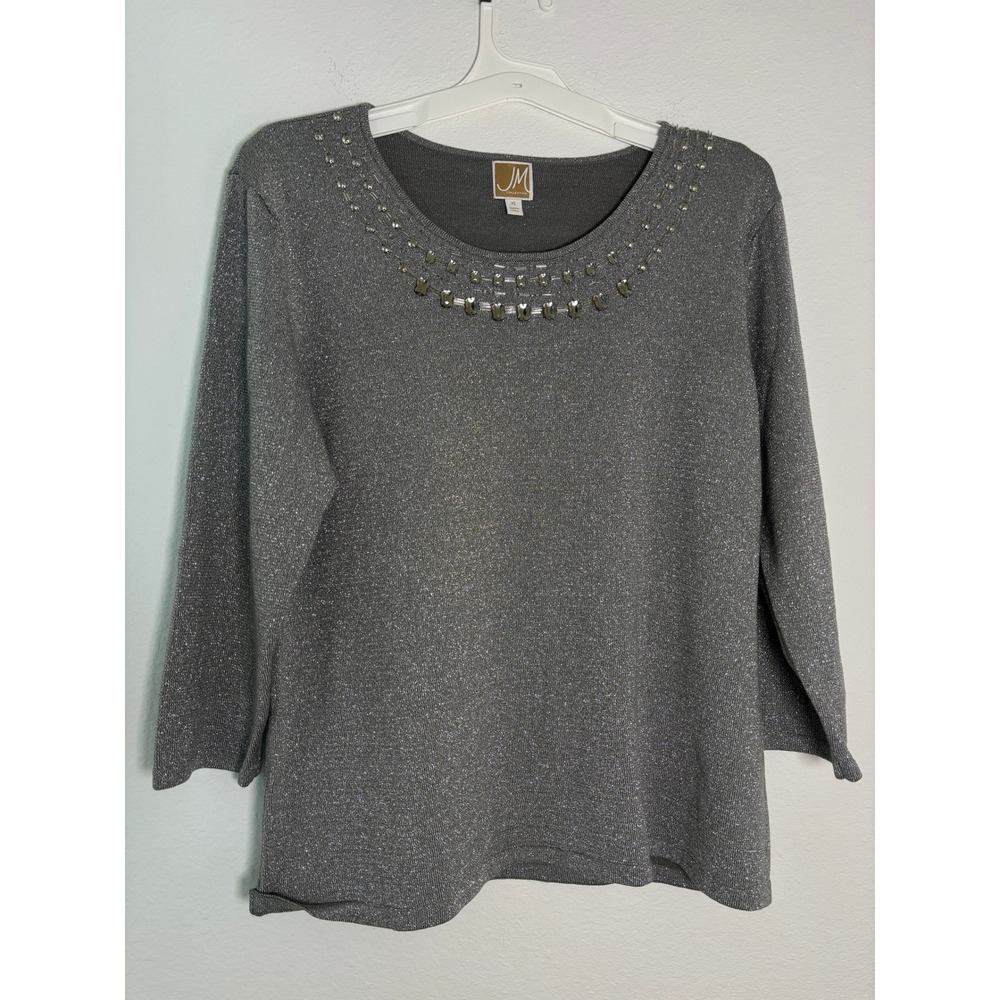 JM Collection‎ Silver Metallic Embellished Rhinestone 3/4 Sleeve Sweater XL